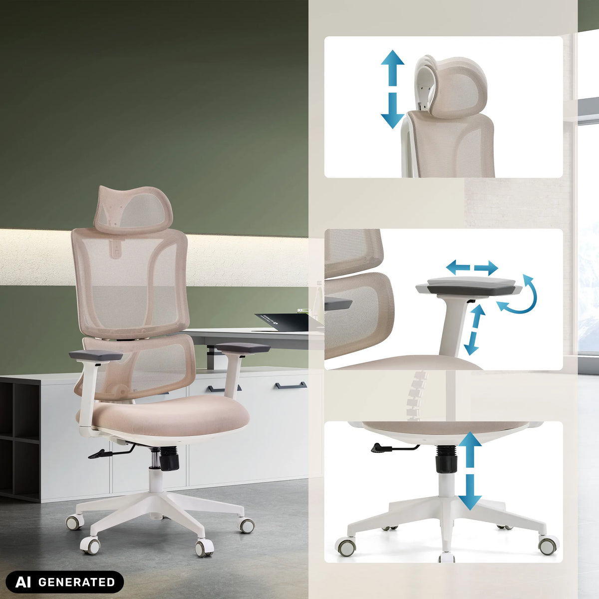 Poggiatesta, braccioli e altezza del sedile regolabili della sedia da ufficio professionale ERGOMY W in beige di MyBuero (immagine generata dall’IA)
