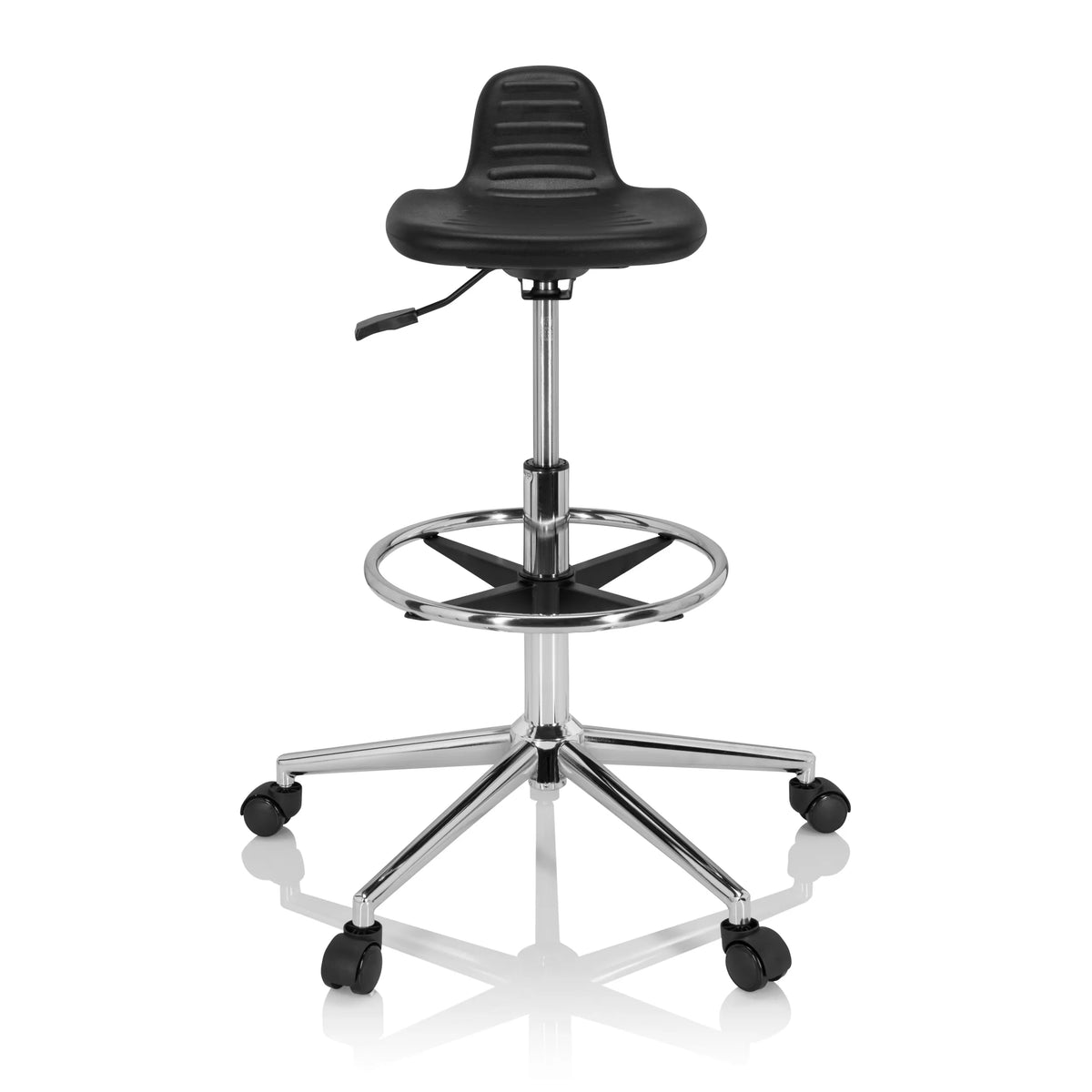 Sgabello girevole nero TOP WORK 03 I con poggiapiedi e base a cinque ruote di hjh OFFICE – vista a 360° (vista frontale 0°)