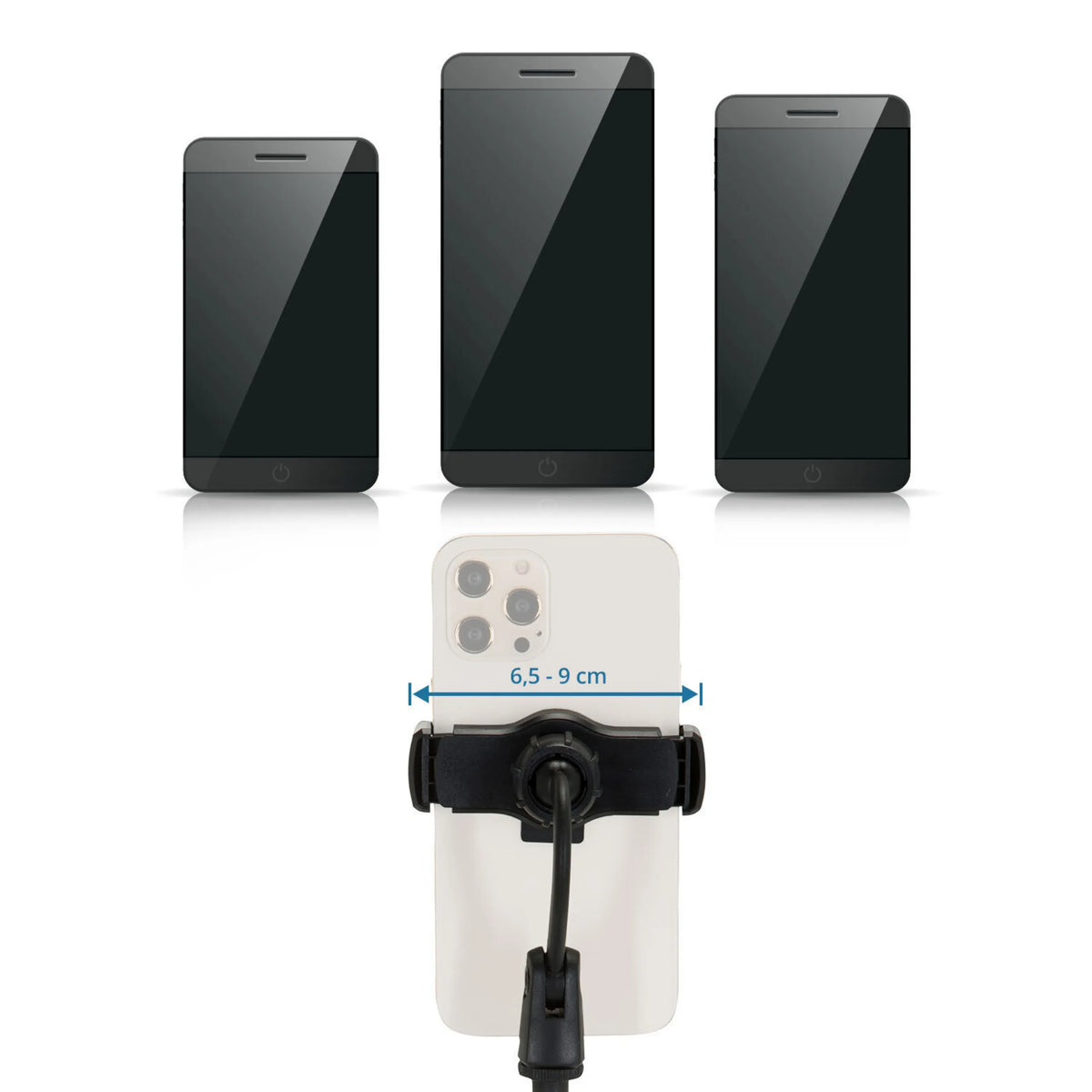 Larghezza regolabile da 6,5 a 9 cm del supporto per cellulare e tablet FLEXMOBI II di hjh OFFICE