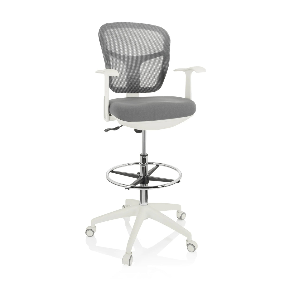 Sedia da banco TOP WORK 108 W grigia con schienale in rete, poggiapiedi e base bianca a cinque ruote di hjh OFFICE – vista a 360° (vista frontale 20°)
