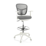 Sedia da banco TOP WORK 108 W grigia con schienale in rete, poggiapiedi e base bianca a cinque ruote di hjh OFFICE – vista a 360° (vista frontale 20°)