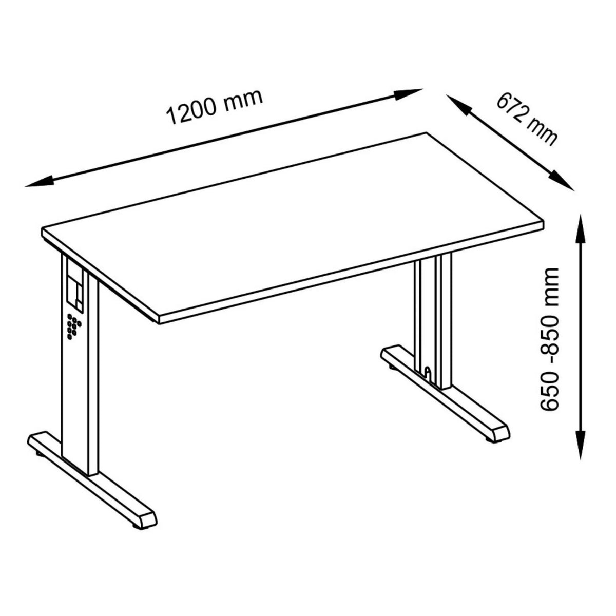 Maßzeichnung des höhenverstellbaren Schreibtisches MEGA 612 G mit den Maßen 1200 x 672 mm von hjh OFFICE PRO