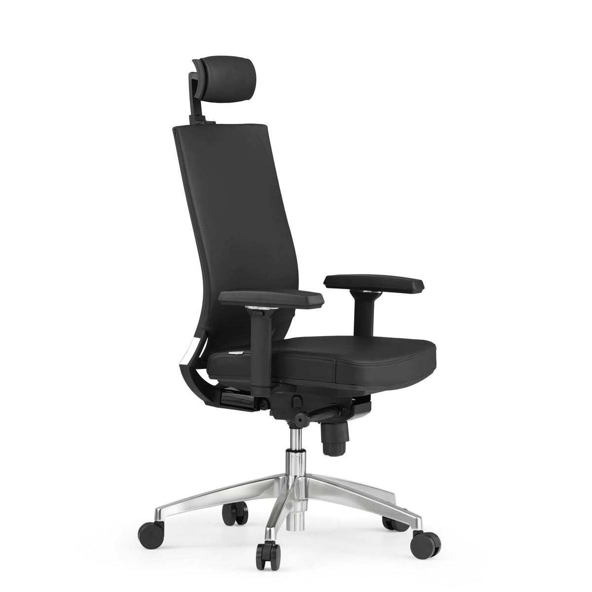 Sedia da ufficio professionale PORTO MAX HIGH nera in pelle con poggiatesta e base a cinque ruote di hjh OFFICE – vista a 360° (vista frontale a tre quarti 60°)