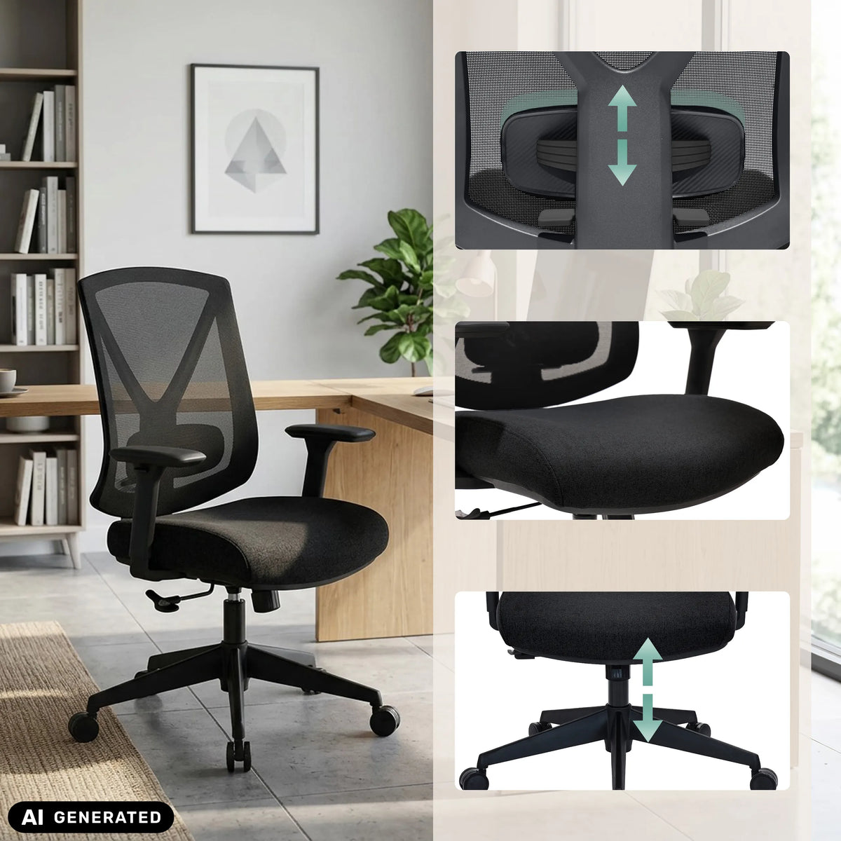 Sedia da ufficio professionale Mirou in nero con schienale e altezza del sedile regolabili di hjh OFFICE (immagine generata dall’IA)