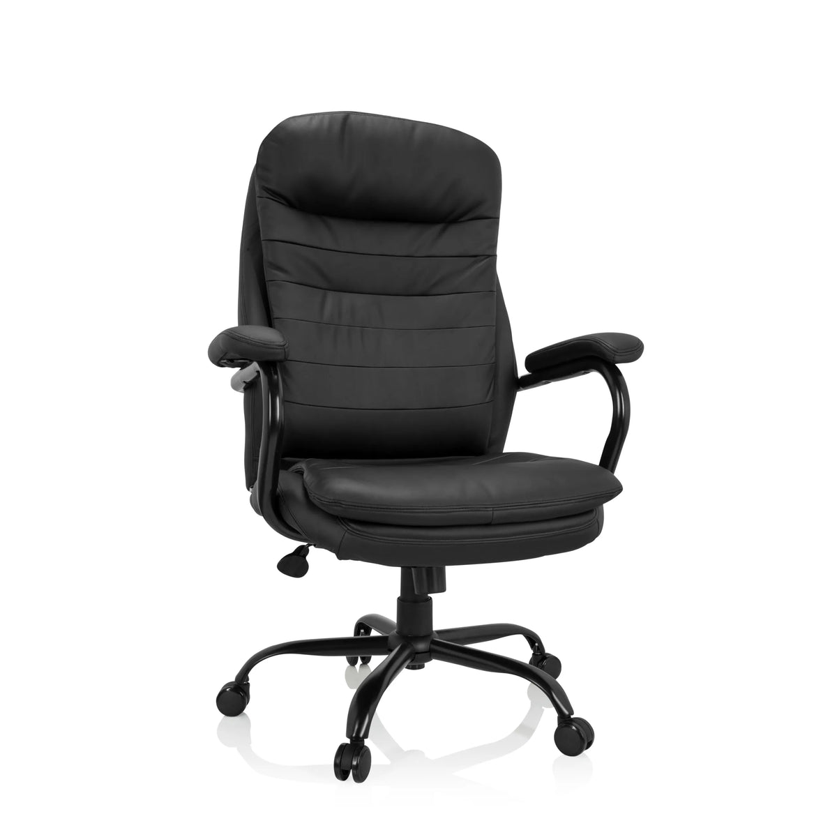 Sedia girevole RELAX XXL B nera in ecopelle con base a stella e cinque rotelle di hjh OFFICE – vista a 360° (vista frontale 20°)