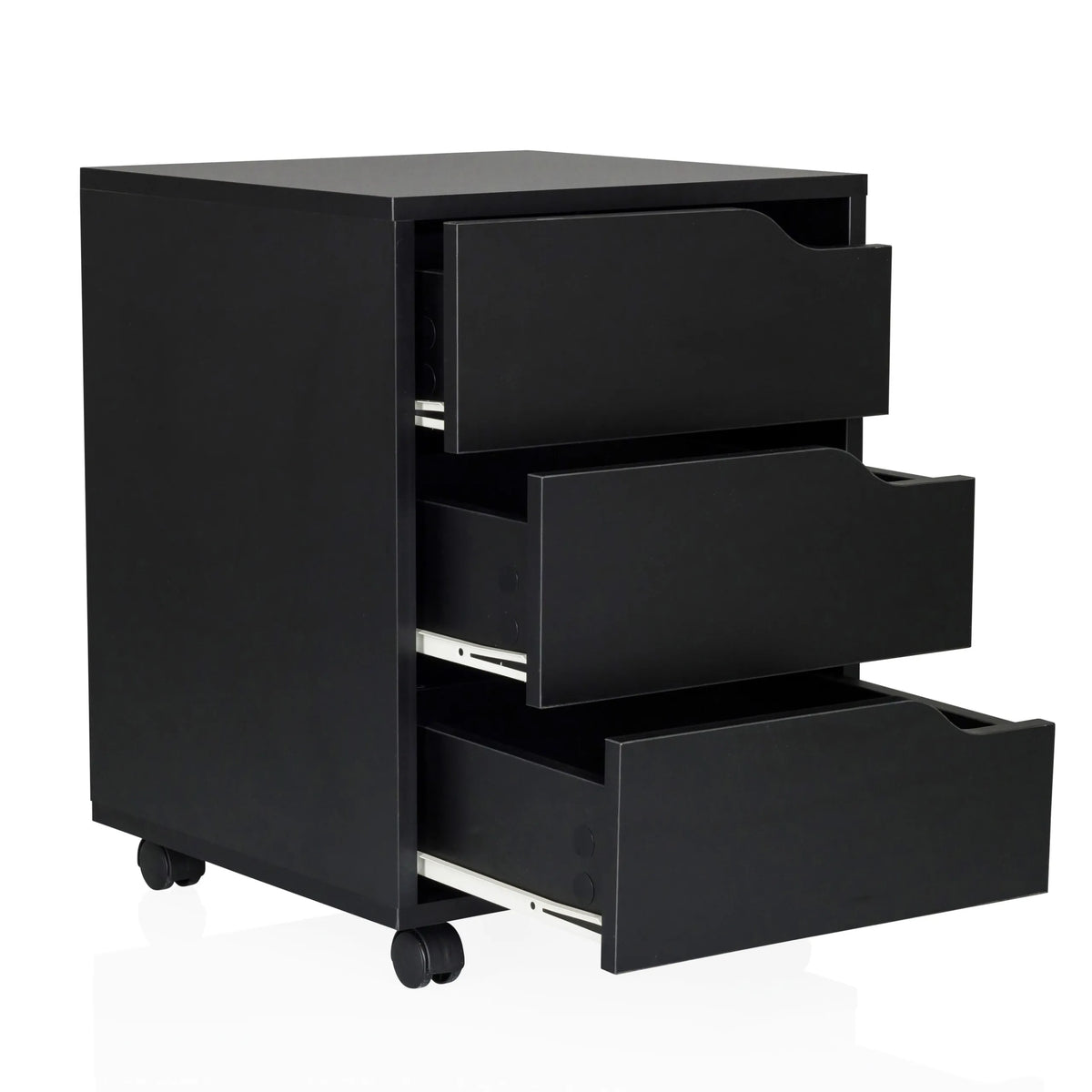 Cassettiera con rotelle ORGANISER I nera con tre cassetti aperti di hjh OFFICE