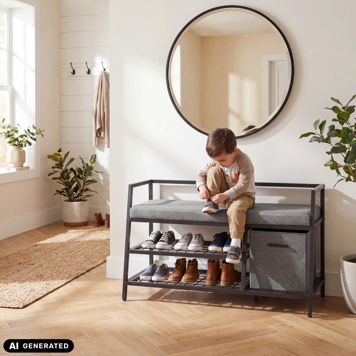 Scarpiera Estha Loft in nero e grigio con cuscino per seduta, due livelli di riponimento e un cestino in tessuto di hjh LIVING