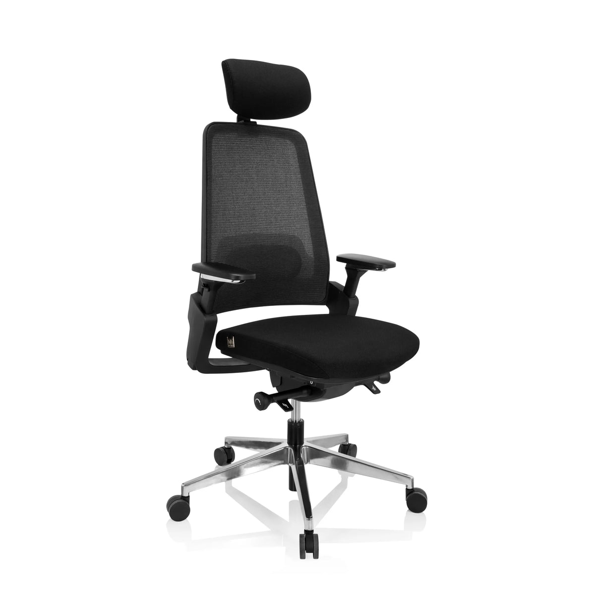 Sedia da ufficio professionale BRACIO nera con schienale in rete, poggiatesta e base a cinque ruote di hjh OFFICE – vista a 360° (vista frontale a tre quarti 40°)