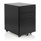 Schwarzer Rollcontainer COLOR OS I aus Metall mit drei Schubladen und Rollen von hjh OFFICE – 360-Grad-Ansicht (schräge Frontansicht 40°)
