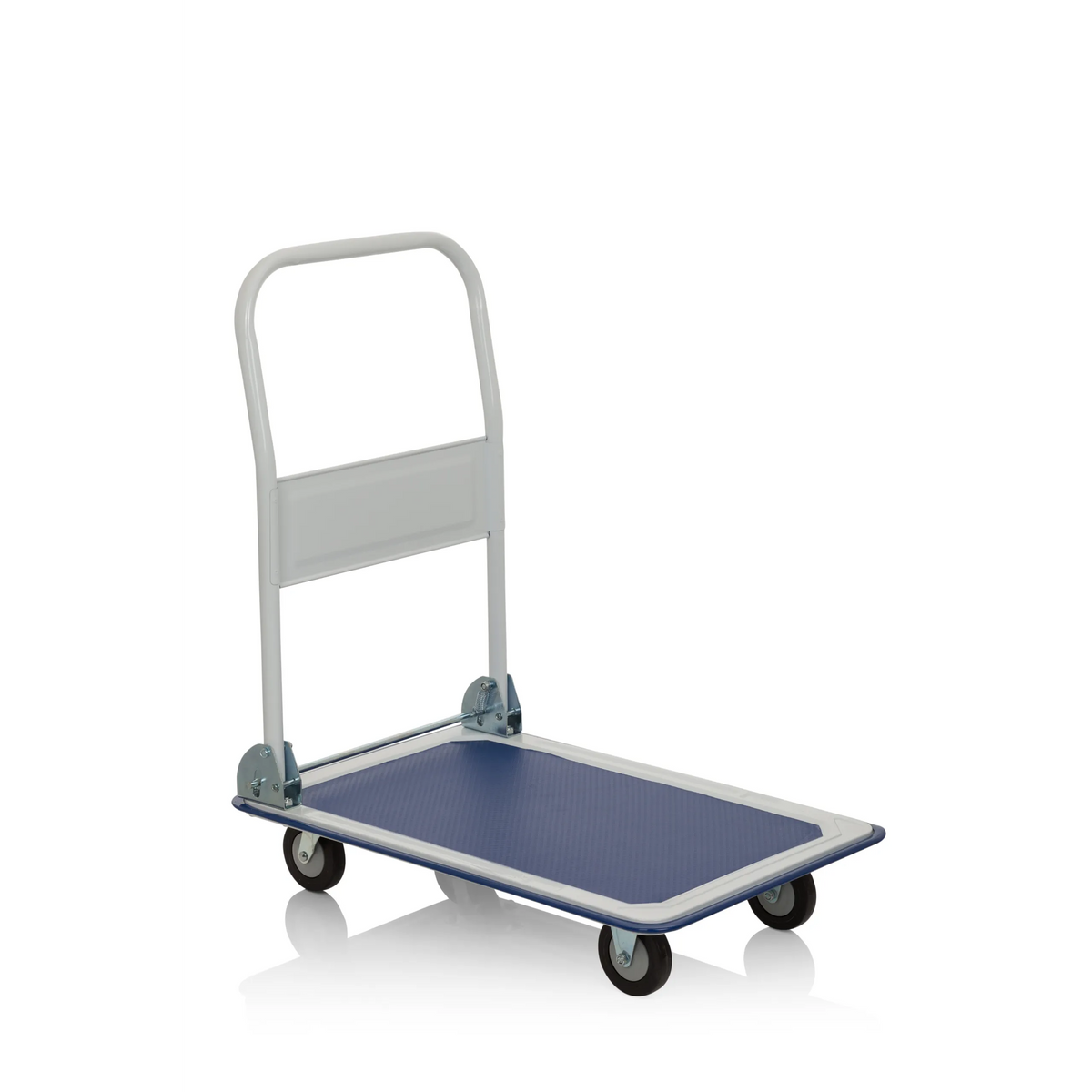 Carrello a piattaforma CARRY blu e bianco con maniglia pieghevole e quattro ruote di hjh OFFICE – vista a 360° (vista frontale 20°)