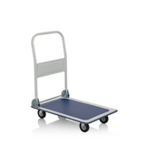 Carrello a piattaforma CARRY blu e bianco con maniglia pieghevole e quattro ruote di hjh OFFICE – vista a 360° (vista frontale 20°)