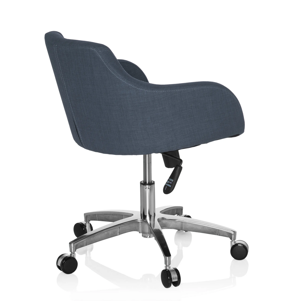 Sedia Home Office SOLAO 100 grigio scuro con scocca imbottita e base a cinque ruote di hjh OFFICE – vista a 360° (vista posteriore a tre quarti 120°)