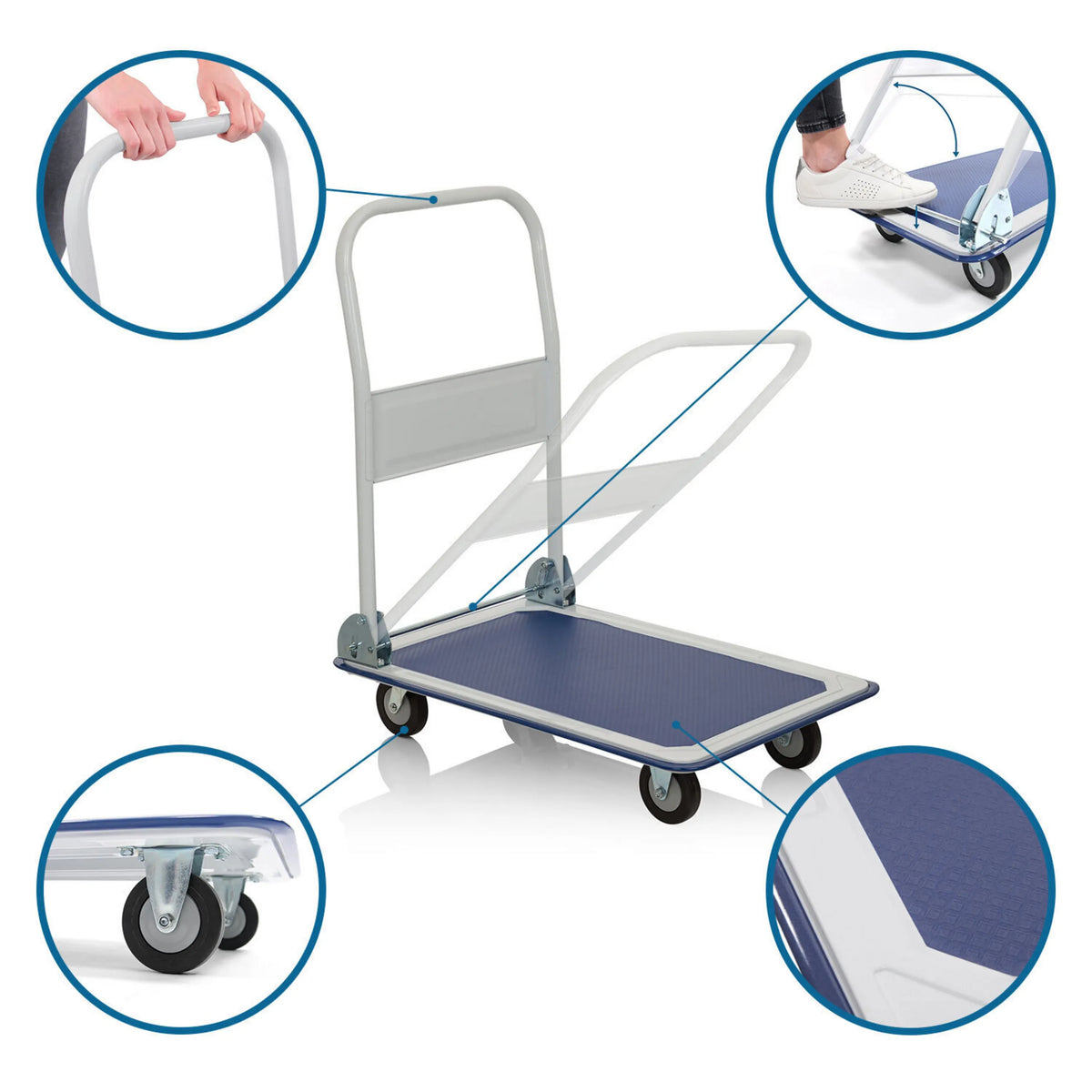 Carrello a piattaforma CARRY blu e bianco con viste dettagliate di maniglia, ruote e superficie di carico di hjh OFFICE
