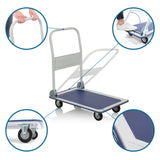 Carrello a piattaforma CARRY blu e bianco con viste dettagliate di maniglia, ruote e superficie di carico di hjh OFFICE