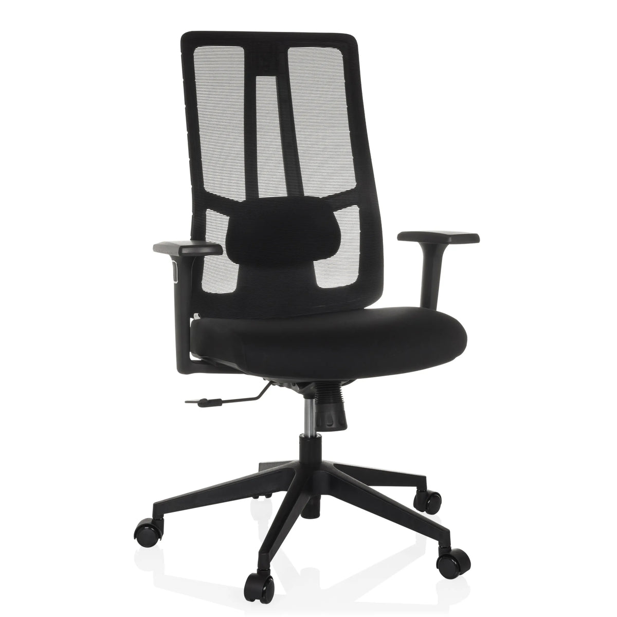 Sedia da ufficio professionale TRAMORE BASE nera con schienale in rete e base a cinque ruote di hjh OFFICE – vista a 360° (vista frontale 15°)