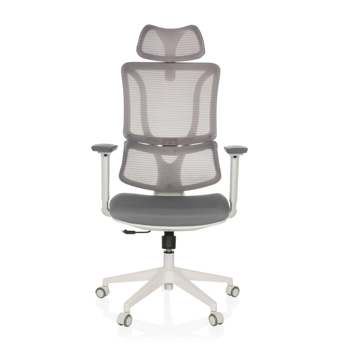 Sedia da ufficio professionale ERGOMY W grigia con schienale in rete e base bianca a cinque ruote di MyBuero – vista a 360° (vista frontale 0°)