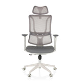 Sedia da ufficio professionale ERGOMY W grigia con schienale in rete e base bianca a cinque ruote di MyBuero – vista a 360° (vista frontale 0°)