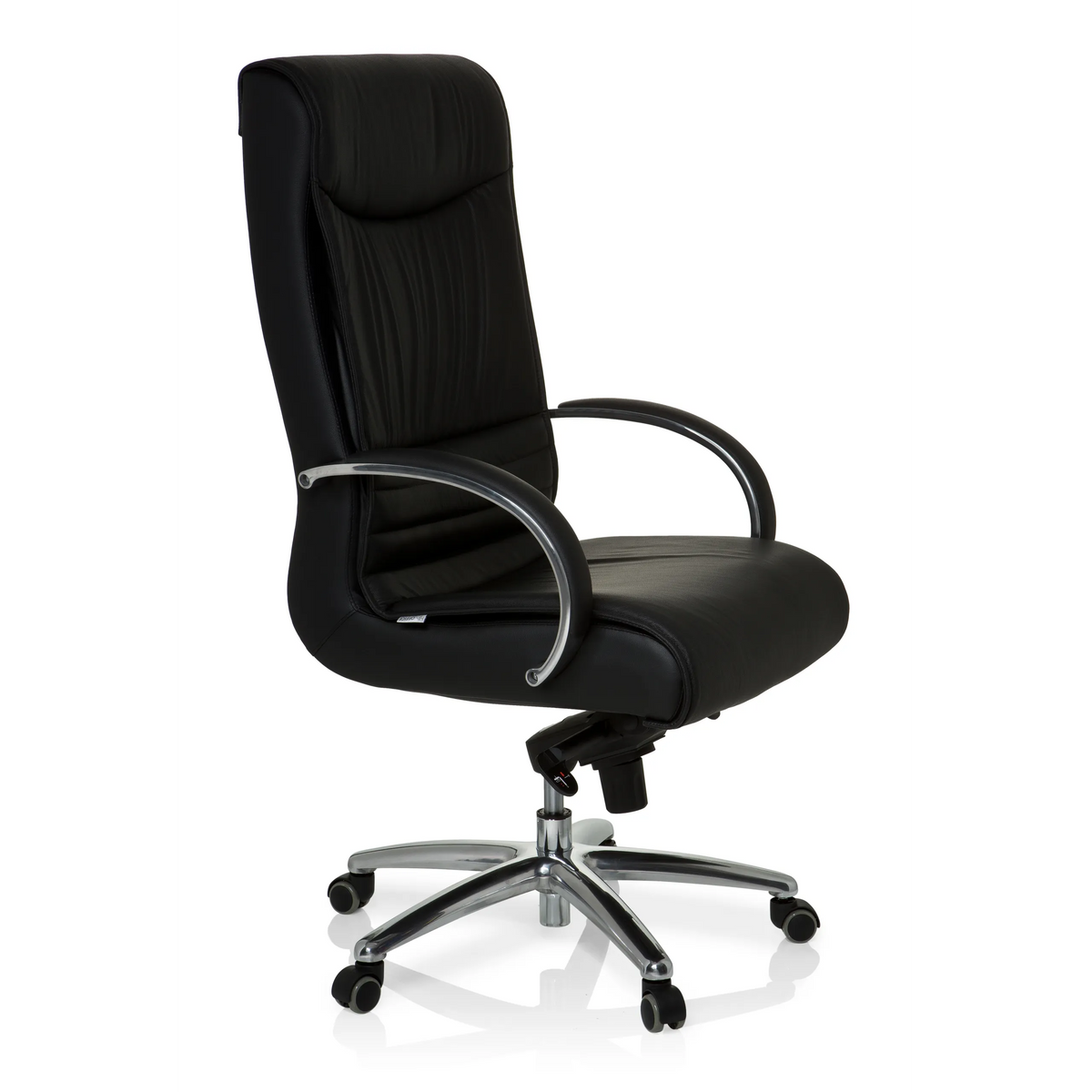 Sedia girevole XXL F 400 nera in pelle con base a stella e cinque ruote di hjh OFFICE – vista a 360° (vista frontale a tre quarti 60°)