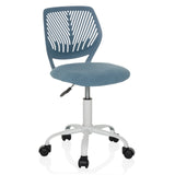 Sedia girevole per bambini KID QW blu con schienale traforato e base bianca a cinque ruote di hjh OFFICE – vista a 360° (vista frontale a tre quarti 30°)