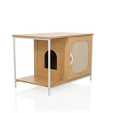 Cuccia per gatto KITTYHOME 1 bianca con un vano aperto e un armadietto con anta in tessuto di hjh LIVING – vista a 360° (vista frontale a tre quarti 45°)