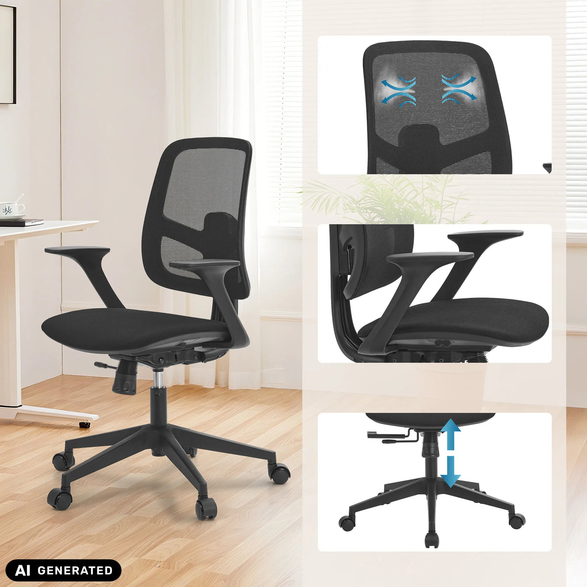 Sedia Home Office Malio in nero con schienale in rete e base regolabile in altezza di hjh OFFICE (immagine generata dall’IA)