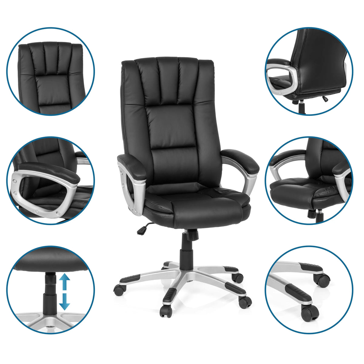 Sedia Home Office RELAX CL150 nera con viste dettagliate dello schienale, dei braccioli e del pistone a gas di MyBuero
