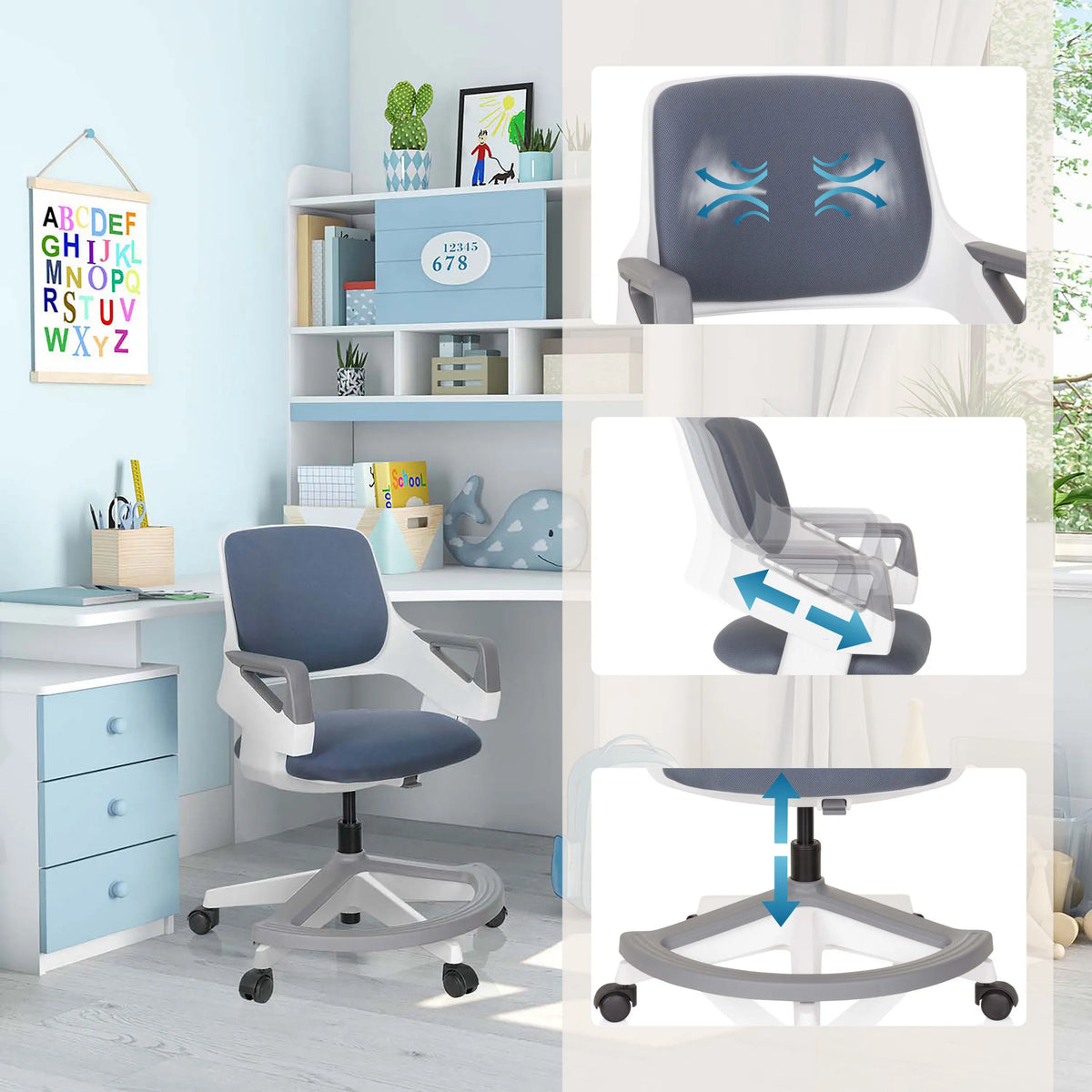 Sedia girevole per bambini KID FLEX in blu grigio con schienale traspirante e regolazione dell'altezza di hjh OFFICE