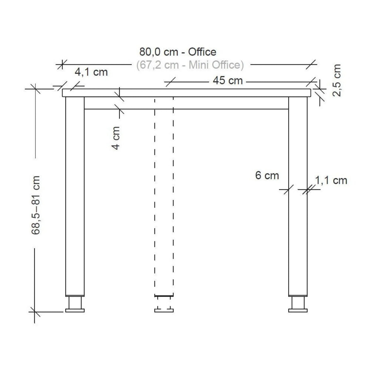 Disegno tecnico della scrivania HILO 8 S con larghezza di 80,0 cm e altezza da 68,5 a 81 cm di hjh OFFICE PRO