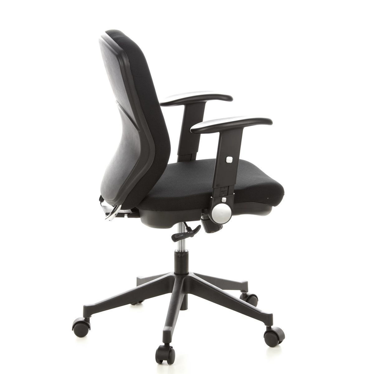 Sedia da ufficio professionale TRAFFIC 20 nera con braccioli e base a cinque ruote di hjh OFFICE – vista a 360° (profilo laterale 100°)