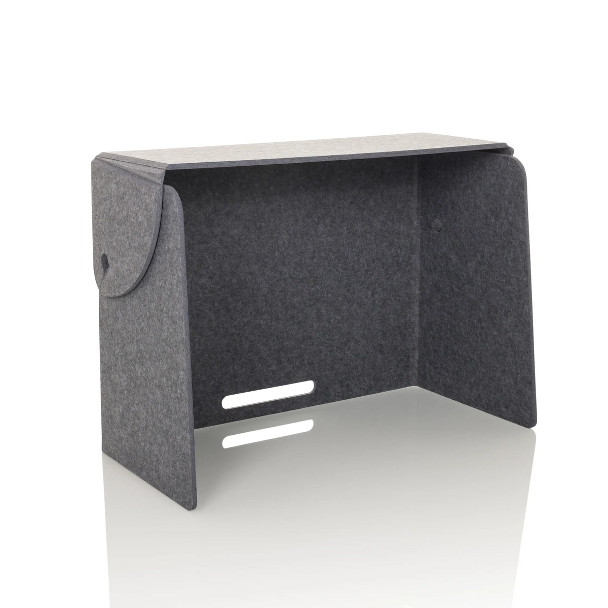 Divisorio per scrivania grigio FLEXMIUT FOLD con due uscite per cavi orizzontali di hjh OFFICE – vista a 360° (vista frontale a tre quarti 30°)