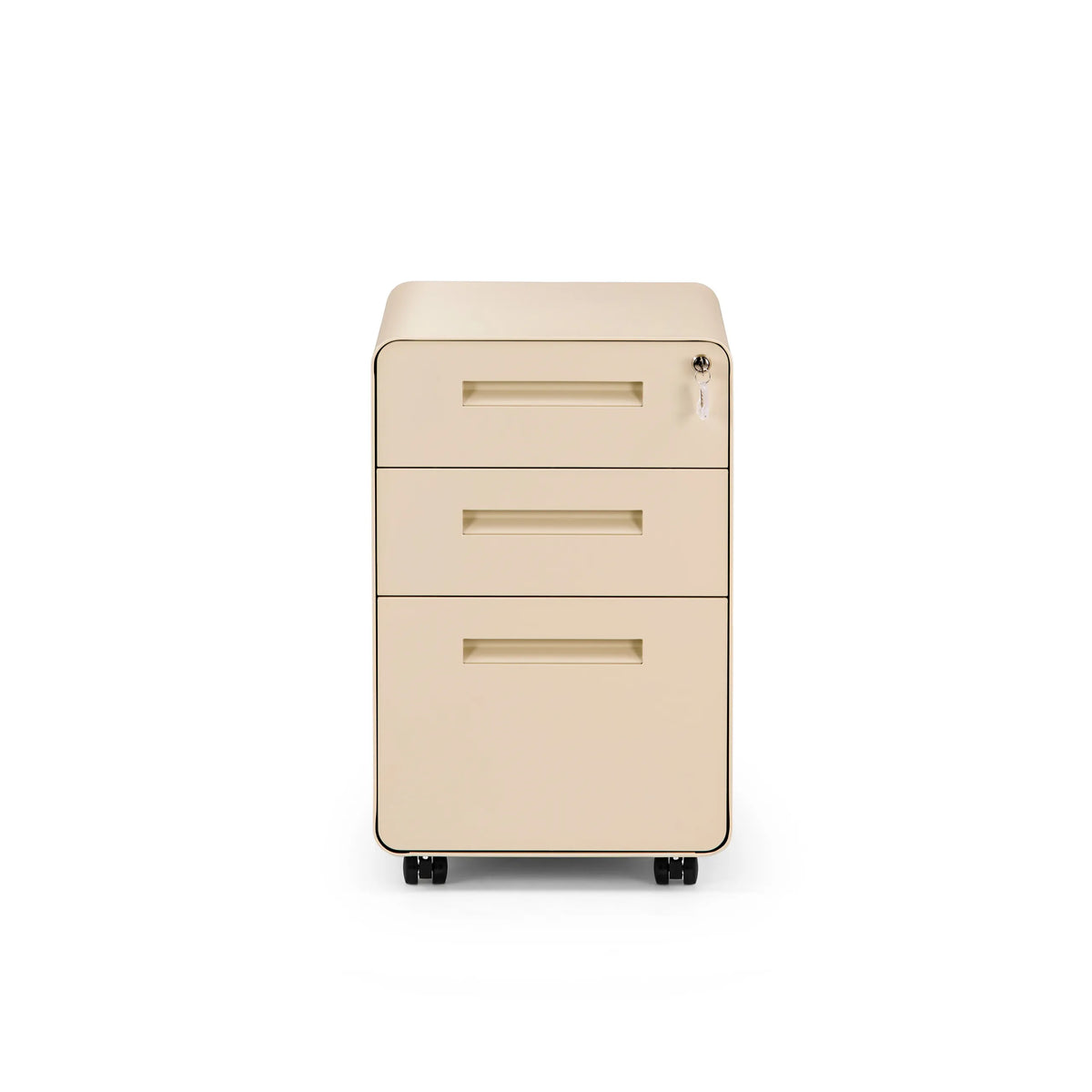 Cassettiera con rotelle COLOR PLUS I beige in metallo con tre cassetti e quattro ruote di hjh OFFICE – vista a 360° (vista frontale 0°)