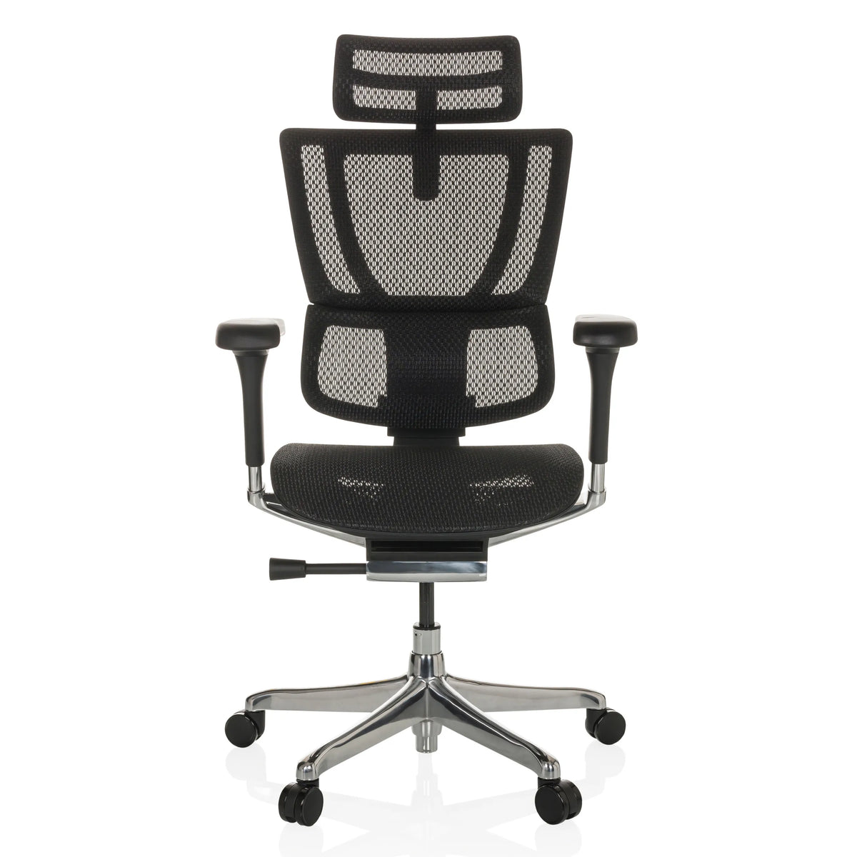 Schwarzer Luxus-Chefsessel ERGOHUMAN SLIM GEN2 mit Netzrücken, Armlehnen und Fußkreuz mit fünf Rollen von hjh OFFICE – 360-Grad-Ansicht (Frontansicht 0°)