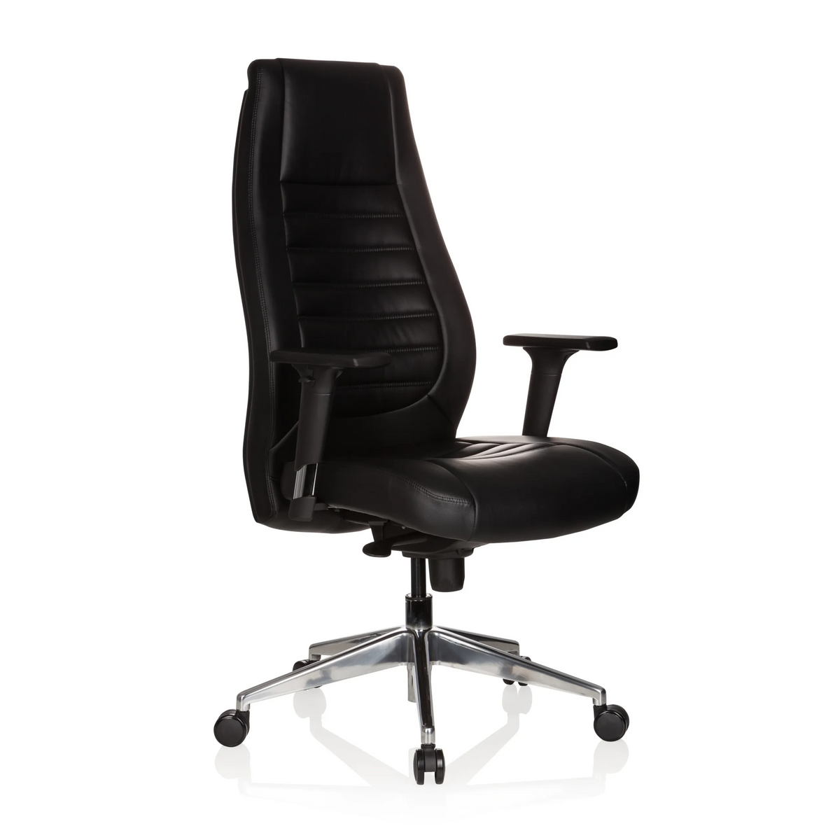 Poltrona professionale VITORO nera con schienale trapuntato e base a cinque ruote di hjh OFFICE – vista a 360° (vista frontale a tre quarti 40°)