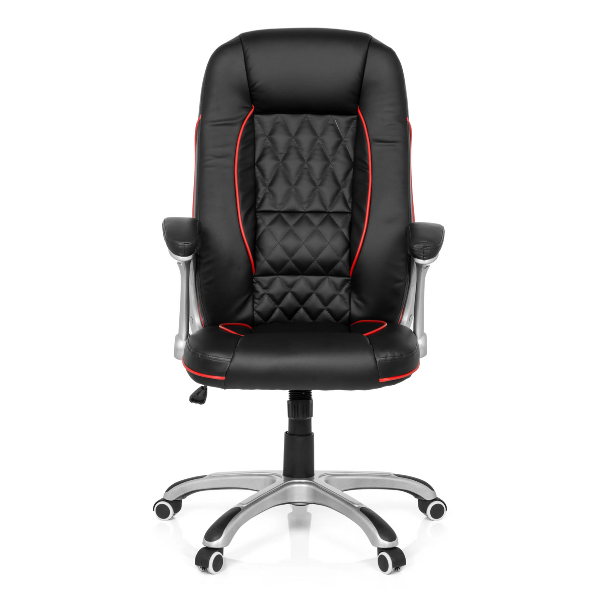Sedia da gaming RELAX AB100 nera con cuciture decorative rosse, trapuntatura e base a cinque ruote di MyBuero – vista a 360° (vista frontale 0°)