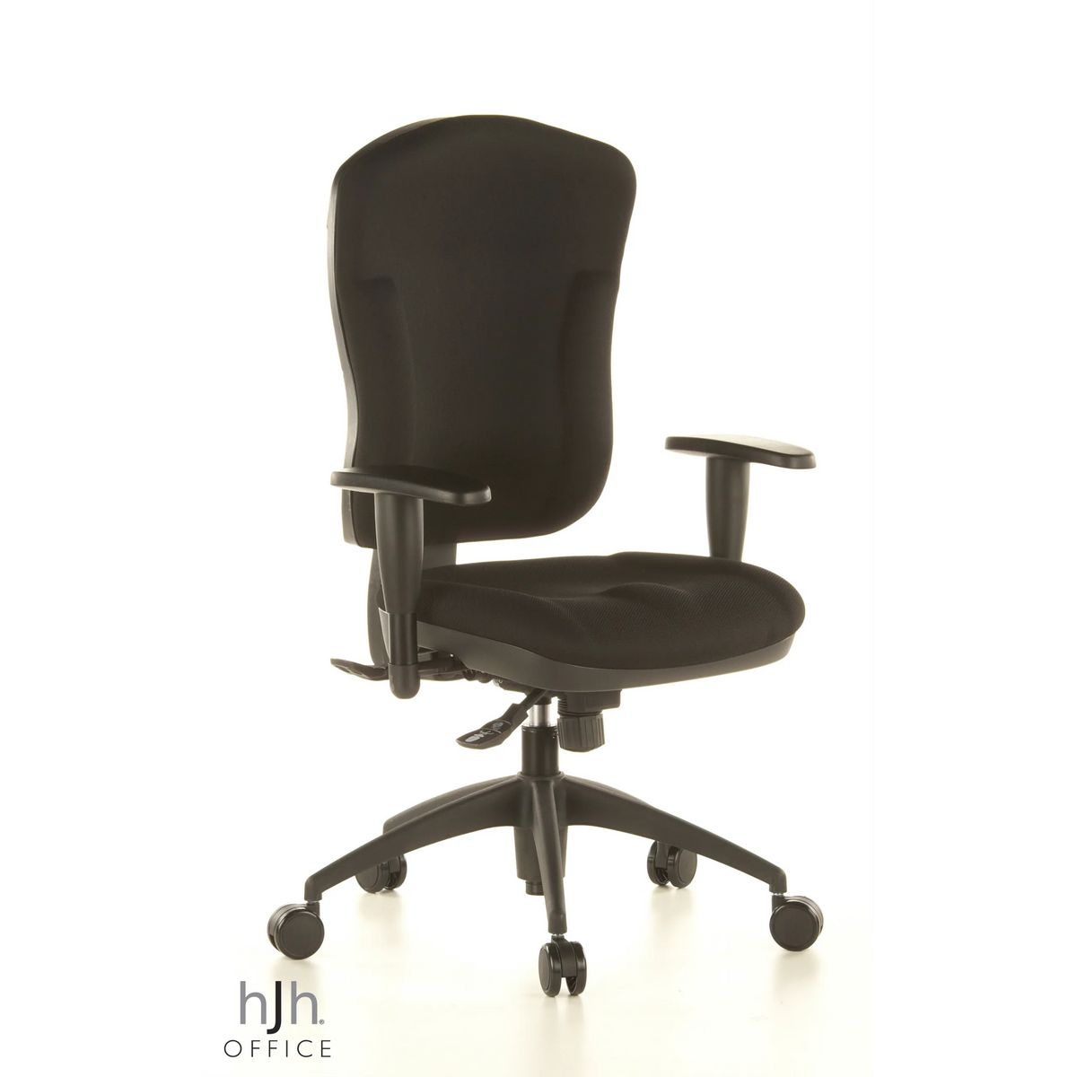 Sedia da ufficio professionale WELLPOINT 30 K2 nera con braccioli e base a cinque ruote di Topstar – vista a 360° (vista frontale a tre quarti 40°)