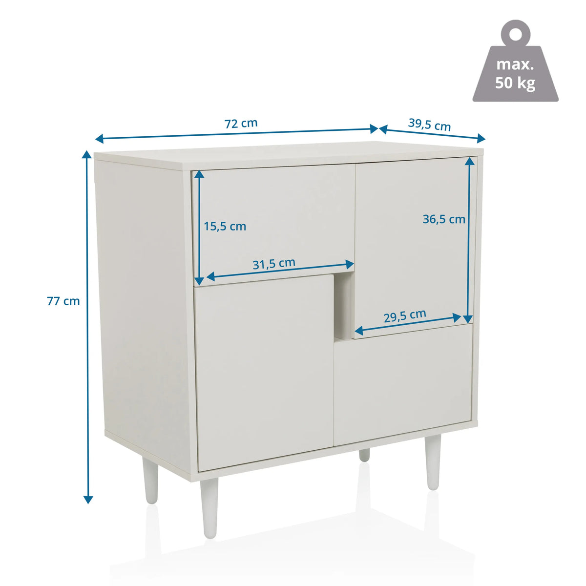 Disegno tecnico della Cassettiera LYKKJA con una larghezza di 72 cm e un'altezza di 77 cm di hjh LIVING