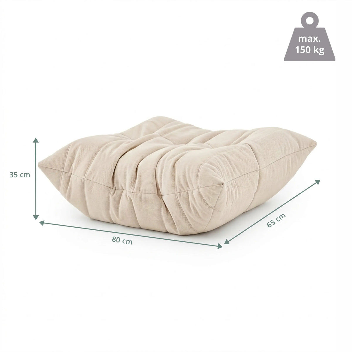 Vista dimensionale del Pouf a sacco Sitzolo Podi con 80 × 65 cm e un carico massimo di 150 kg di hjh LIVING