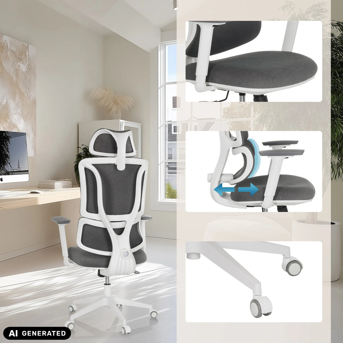 Sedia Home Office ERGOMY WF in grigio-bianco con braccioli regolabili e ruote di MyBuero (immagine generata dall’IA)