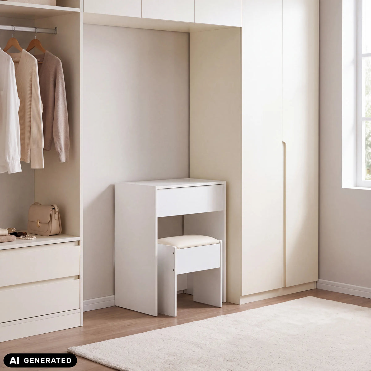 Weißer Schminktisch Glamdesk mit einer Schublade und passendem Hocker vor einem Einbauschrank von hjh LIVING