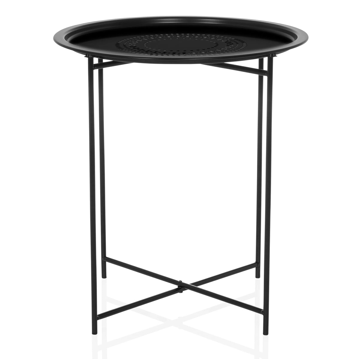 Tavolino ALLRUND nero in metallo con piano rotondo traforato e base a croce di hjh LIVING – vista a 360° (vista frontale 0°)