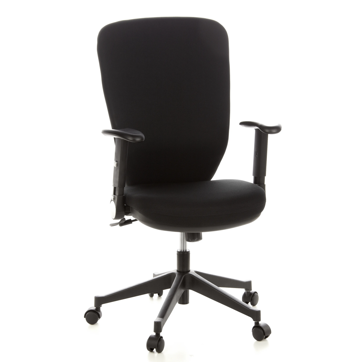 Sedia da ufficio professionale TRAFFIC 30 nera con braccioli e base a cinque ruote di hjh OFFICE – vista a 360° (vista frontale 20°)