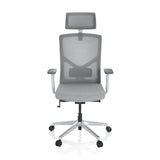 Sedia da ufficio professionale BRETON PRO W grigia con schienale in rete, poggiatesta e base a cinque ruote di hjh OFFICE – vista a 360° (vista frontale 0°)