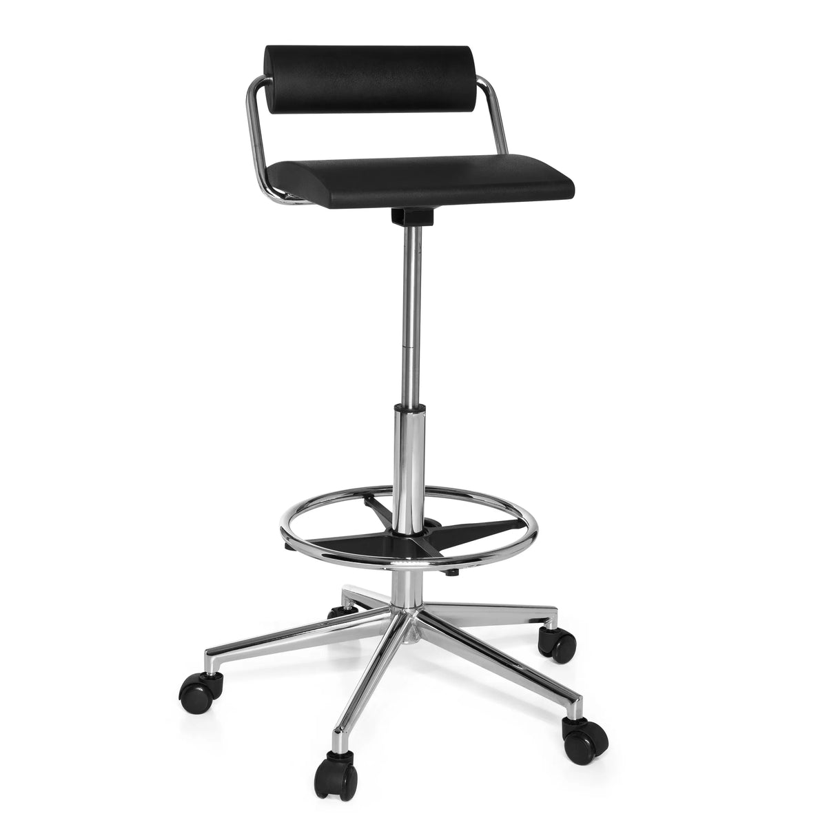 Sgabello girevole nero TOP WORK 28 con poggiapiedi e base a cinque ruote di hjh OFFICE – vista a 360° (vista frontale 20°)