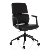 Schwarzer Profi-Bürostuhl ATMOS DESIGNER mit Armlehnen und Fußkreuz mit fünf Rollen von hjh OFFICE – 360-Grad-Ansicht (schräge Frontansicht 30°)