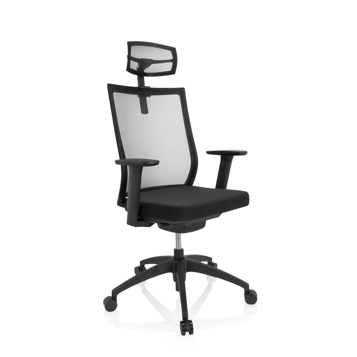 Sedia da ufficio professionale ASPEN PRO nera con schienale in rete, poggiatesta e base a cinque ruote di hjh OFFICE – vista a 360° (vista frontale a tre quarti 40°)