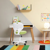 Sedia girevole per bambini KIDDY TOP W con seduta verde e schienale bianco a una scrivania per bambini di hjh OFFICE