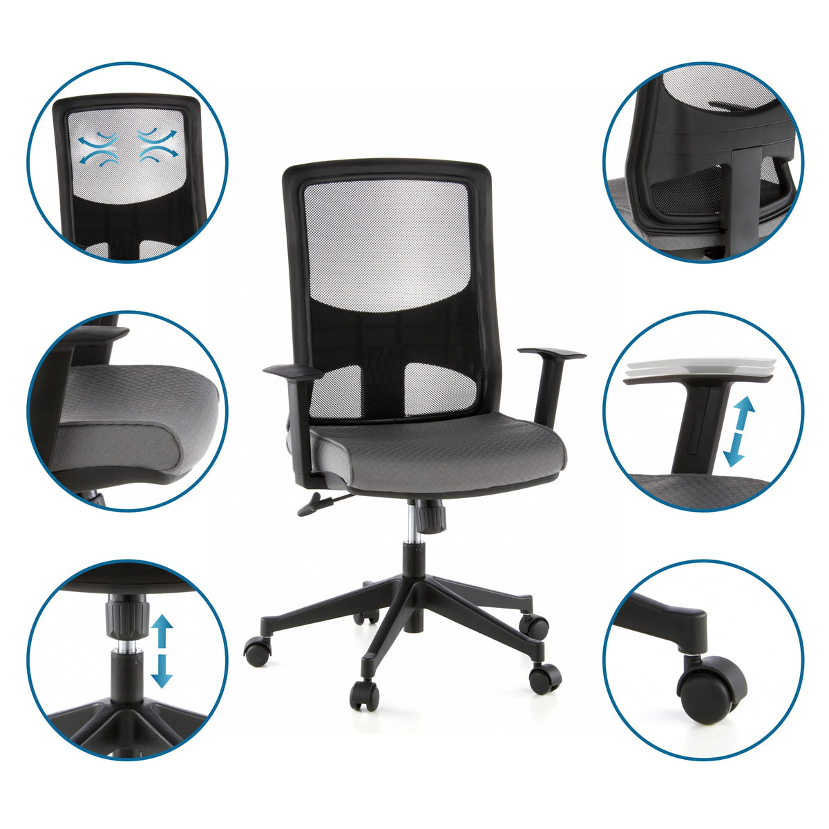 Sedia da ufficio professionale LAVITA in nero e grigio con viste dettagliate dello schienale, della seduta e del pistone di hjh OFFICE