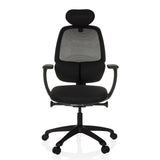 Sedia da ufficio professionale RI-COVER nera con schienale in rete, poggiatesta e base a cinque ruote di hjh OFFICE – vista a 360° (vista frontale 0°)