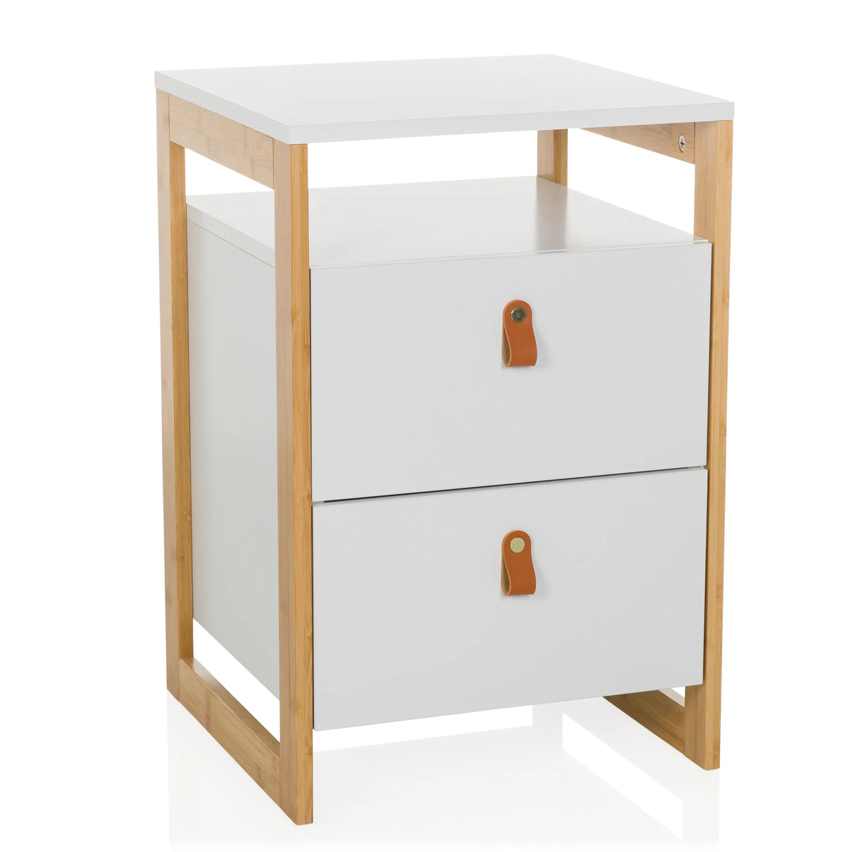 Tavolino bianco TAROLO III con due cassetti e maniglie in pelle marrone di hjh LIVING – vista a 360° (vista frontale 15°)