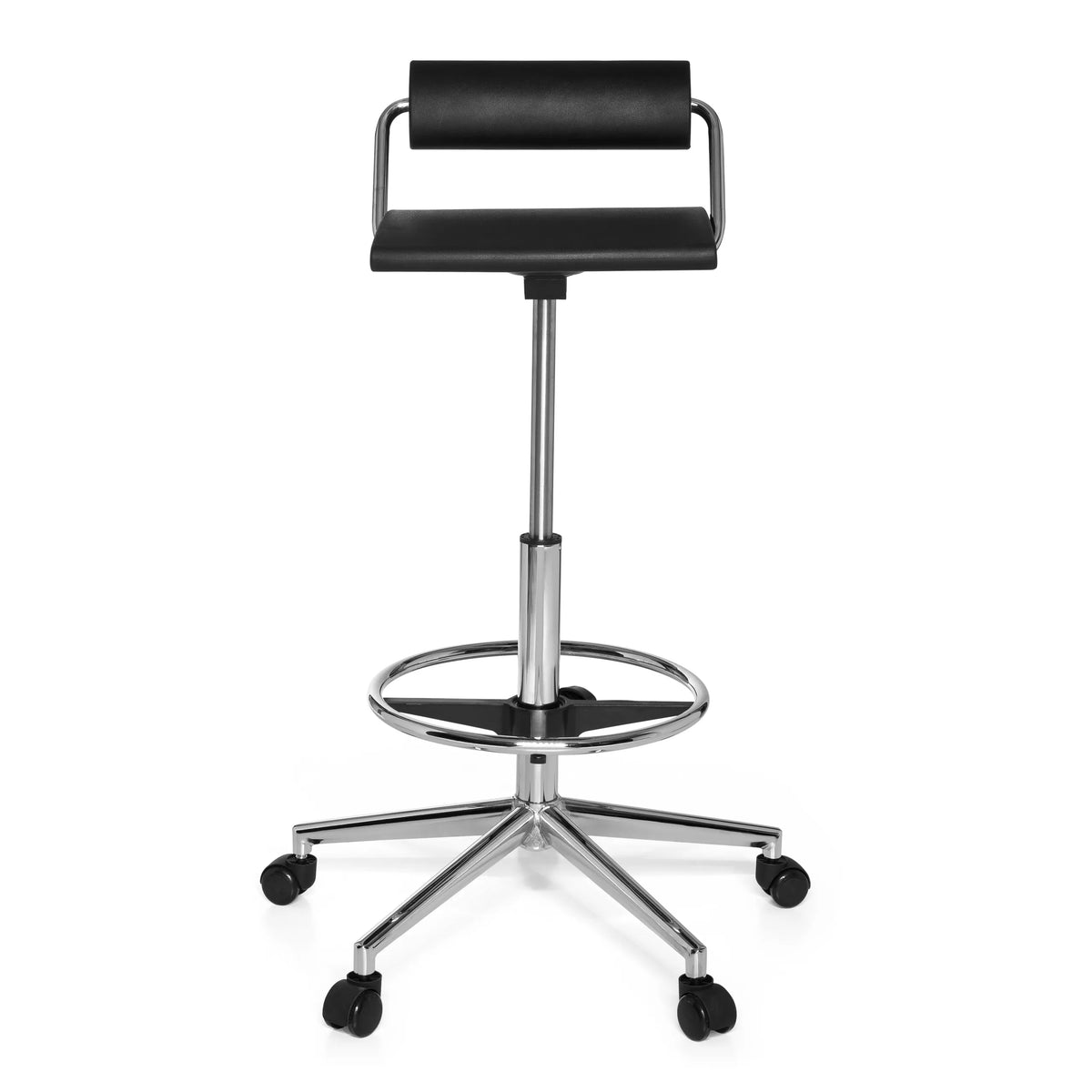Sgabello girevole nero TOP WORK 28 con poggiapiedi e base a cinque ruote di hjh OFFICE – vista a 360° (vista frontale 0°)